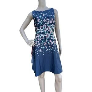 New LOFT Outlet Petite  Womens Blue Floral Sleeveless Boat Neck A-Line Dress 10P